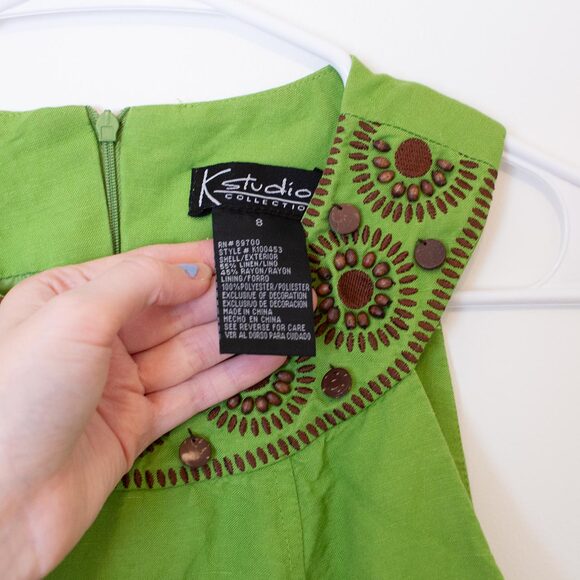 Boho VTG Bead Dress Linen Blend Embroidered Green Mini Sleeveless Bright Spring - Picture 7 of 9